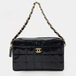 Chanel Black Quilted Patent Medium Chocolate Bar CC Camera Bag 