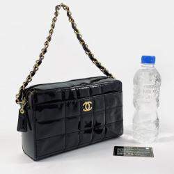 Chanel Black Quilted Patent Medium Chocolate Bar CC Camera Bag 