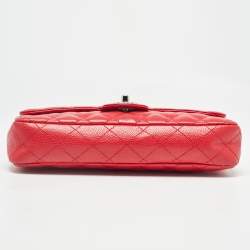 Pre Owned Chanel Red Quilted Caviar Leather Classic East West Flap Bag