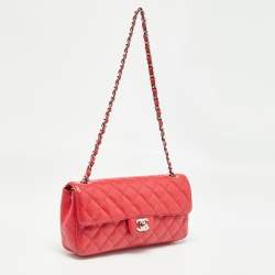 Pre Owned Chanel Red Quilted Caviar Leather Classic East West Flap Bag