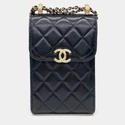 Pre Owned Chanel Black Leather Pearl Crush Chain Phone Holder Bag