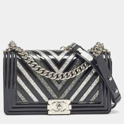 Chanel Black/Silver Chevron Patent Leather Medium Boy Flap Bag