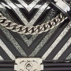 Chanel Black/Silver Chevron Patent Leather Medium Boy Flap Bag