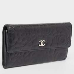 Chanel Black Camellia Embossed Leather Large Flap Wallet