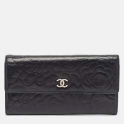Chanel Black Camellia Embossed Leather Large Flap Wallet