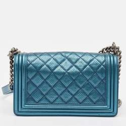 Pre Owned Chanel Metallic Blue Perforated Quilted Leather Medium Boy Flap Bag
