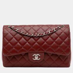 Pre Owned Chanel Red Jumbo Classic Caviar Double Flap