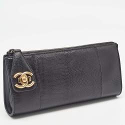 Pre Owned Chanel Black Lizard CC Pushlock Zip Clutch