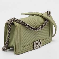 Chanel Green Chevron Leather Medium Boy Flap Bag