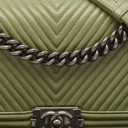 Chanel Green Chevron Leather Medium Boy Flap Bag