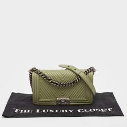 Chanel Green Chevron Leather Medium Boy Flap Bag