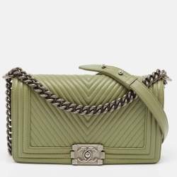 Chanel Green Chevron Leather Medium Boy Flap Bag