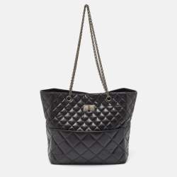 Pre Owned Chanel Black Quilted Aged Leather Reissue East West Tote
