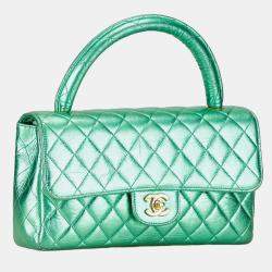 Chanel Metallic Green Lambskin Leather Quilted Top Handle Bag 