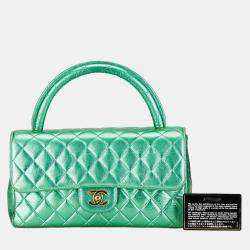 Chanel Metallic Green Lambskin Leather Quilted Top Handle Bag 