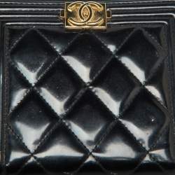 Chanel Black Quilted Patent Leather Boy Zip Around Wallet