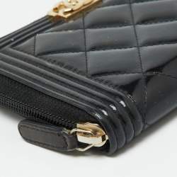 Chanel Black Quilted Patent Leather Boy Zip Around Wallet