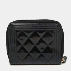 Chanel Black Quilted Patent Leather Boy Zip Around Wallet