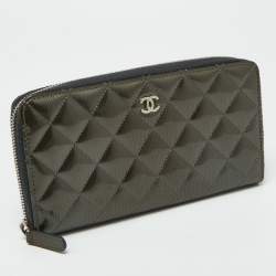 Chanel Olive Green Quilted Patent Leather Classic Zip Around Wallet