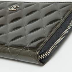 Chanel Olive Green Quilted Patent Leather Classic Zip Around Wallet