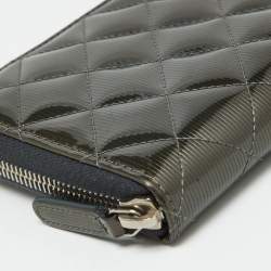 Chanel Olive Green Quilted Patent Leather Classic Zip Around Wallet