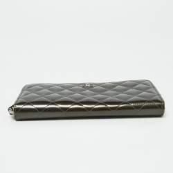 Chanel Olive Green Quilted Patent Leather Classic Zip Around Wallet