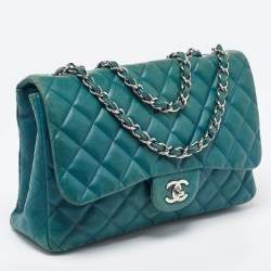 Pre Owned Chanel Green Quilted Leather Jumbo Classic Double Flap Bag