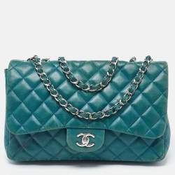 Pre Owned Chanel Green Quilted Leather Jumbo Classic Double Flap Bag