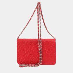 Chanel Red Camellia Leather Embossed Wallet On Chain