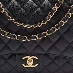 Pre Owned Chanel Black Quilted Caviar Leather Maxi Classic Double Flap Bag