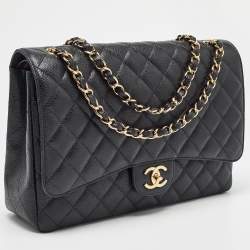 Pre Owned Chanel Black Quilted Caviar Leather Maxi Classic Double Flap Bag
