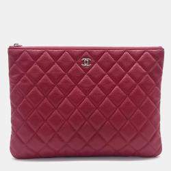Pre Owned Chanel  Dark Red Leather Quilted Medium Cosmetic Case