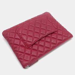 Pre Owned Chanel  Dark Red Leather Quilted Medium Cosmetic Case