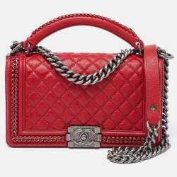 Pre Owned Chanel Red Quilted Leather Medium Chain Around Boy Flap Bag