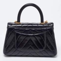 Chanel Black Chevron Glazed Leather Mini Coco Top Handle Bag