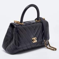 Chanel Black Chevron Glazed Leather Mini Coco Top Handle Bag