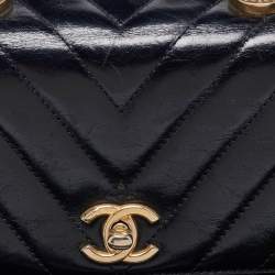 Chanel Black Chevron Glazed Leather Mini Coco Top Handle Bag