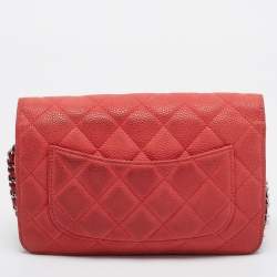 Chanel Coral Pink Quilted Caviar Leather CC Flap Wallet on Chain