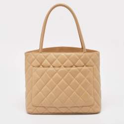 Pre Owned Chanel Beige Quilted Caviar Leather Medallion Tote