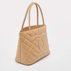 Pre Owned Chanel Beige Quilted Caviar Leather Medallion Tote