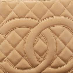 Pre Owned Chanel Beige Quilted Caviar Leather Medallion Tote