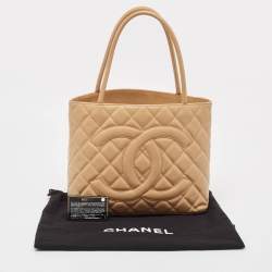 Pre Owned Chanel Beige Quilted Caviar Leather Medallion Tote