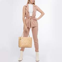 Pre Owned Chanel Beige Quilted Caviar Leather Medallion Tote