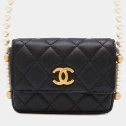 Chanel Black Leather Faux Pearl CC Wallet on Chain