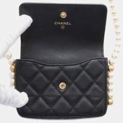 Chanel Black Leather Faux Pearl CC Wallet on Chain