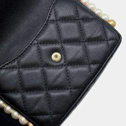 Chanel Black Leather Faux Pearl CC Wallet on Chain