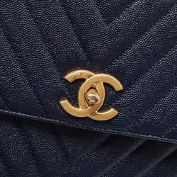 Pre Owned Chanel Dark Blue Chevron Caviar Leather and Lizard Medium Coco Top Handle Bag