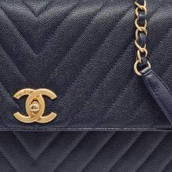 Pre Owned Chanel Dark Blue Chevron Caviar Leather and Lizard Medium Coco Top Handle Bag