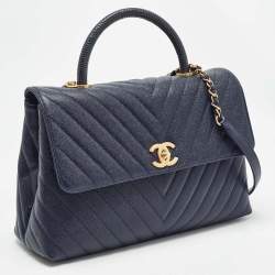 Pre Owned Chanel Dark Blue Chevron Caviar Leather and Lizard Medium Coco Top Handle Bag