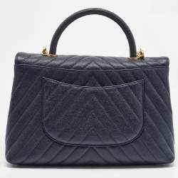 Pre Owned Chanel Dark Blue Chevron Caviar Leather and Lizard Medium Coco Top Handle Bag